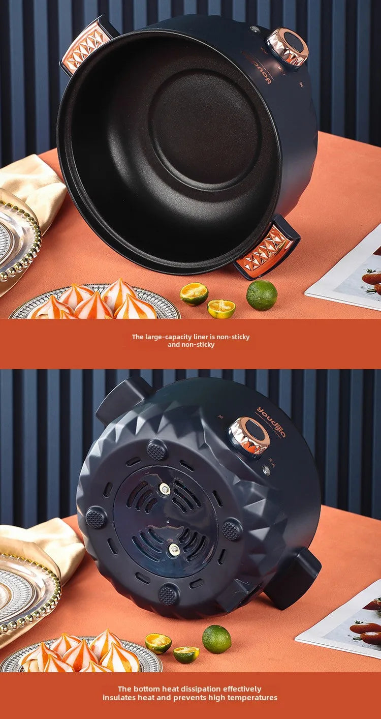 Round black electric hot pot with glass lid, nonstick inner base, and side handles