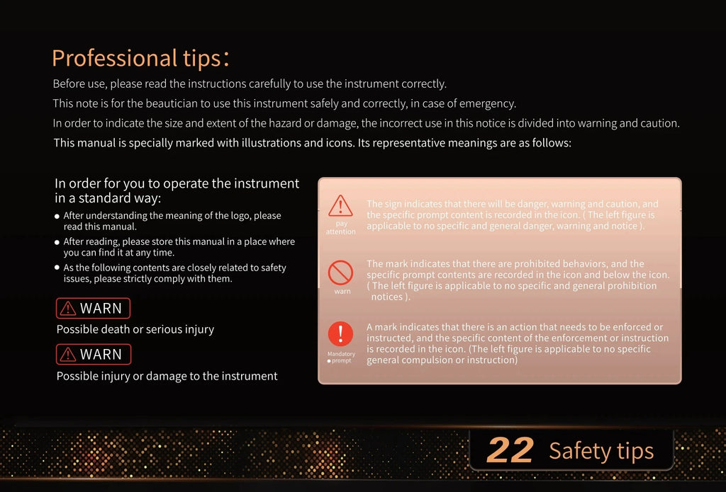 Professional 12D facial and body lifting machine safety instruction manual with warning icons for skin rejuvenation.
