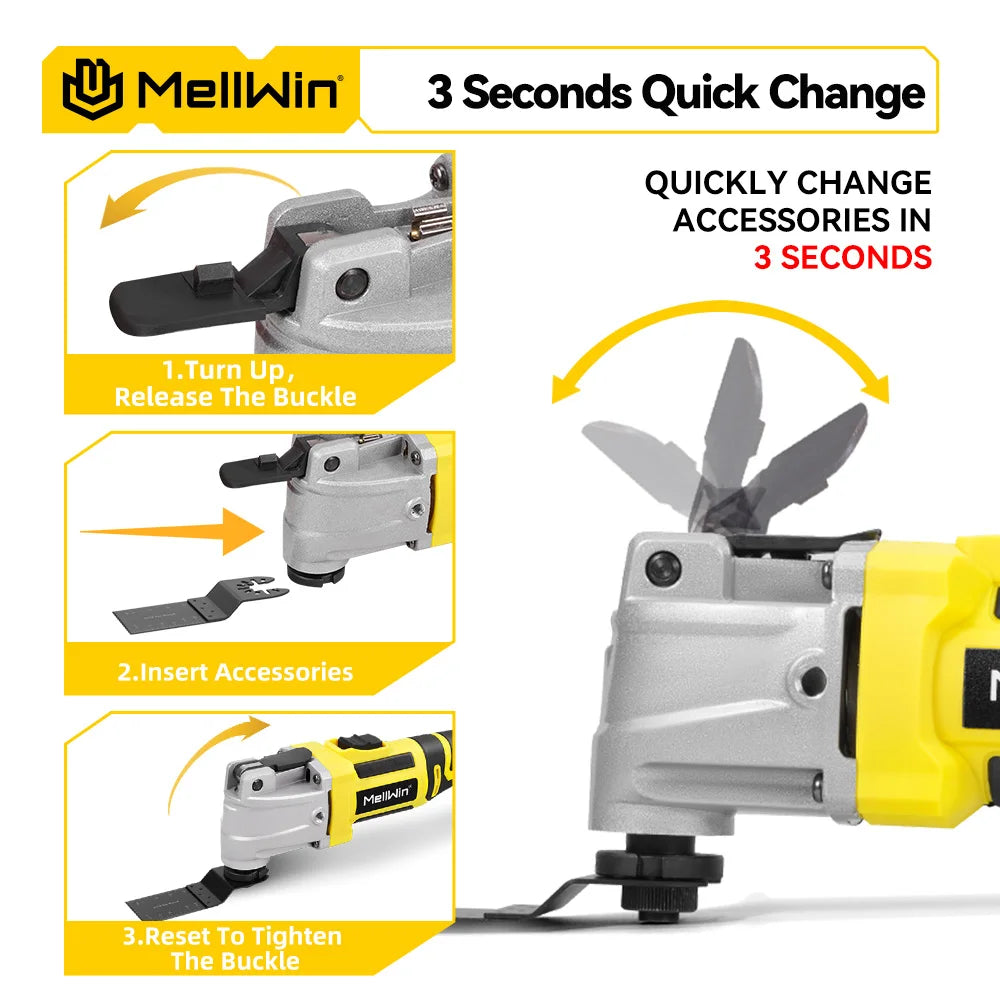 MELLWIN Brushless Oscillating Multi Function Tool Electric Saw Polisher Woodworking Cutting Tool For Makita 18V Battery Pin
