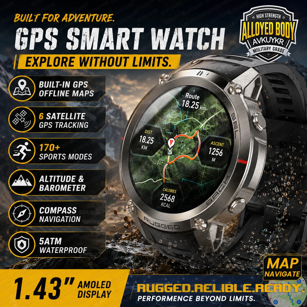 New Rugged GPS Sport Smartwatch 1.43" AMOLED Screen 5ATM Waterproof Offline Map Compass 500mAh Smart Watch for Men Android iOS
