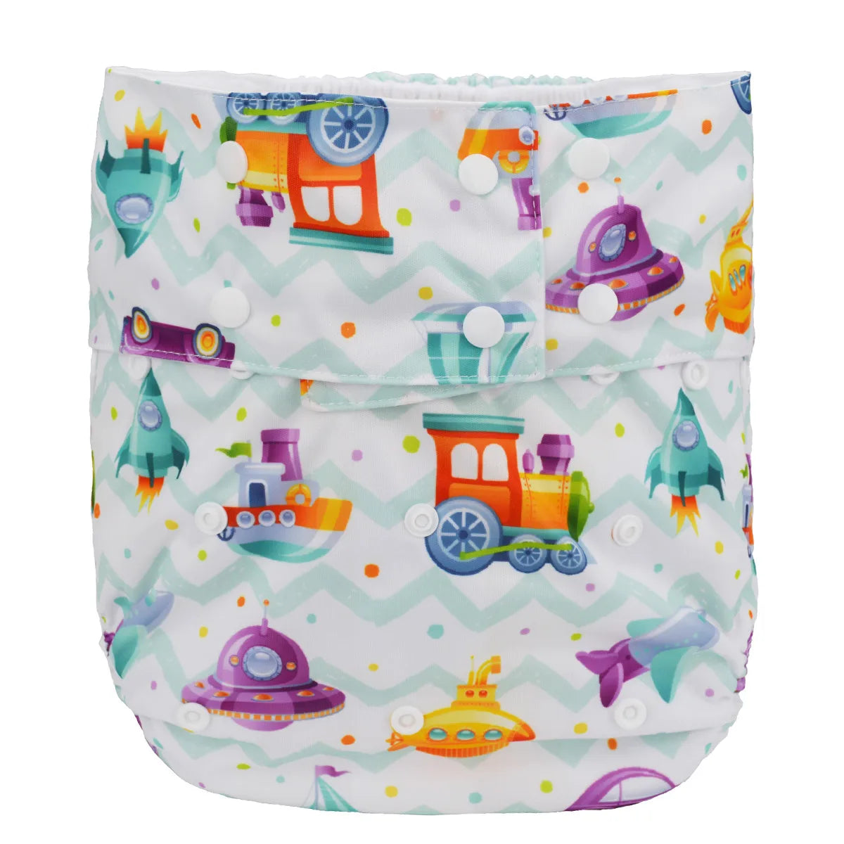 Reusable cloth diaper with colorful train, rocket, and submarine print on a chevron background with snap closures.
