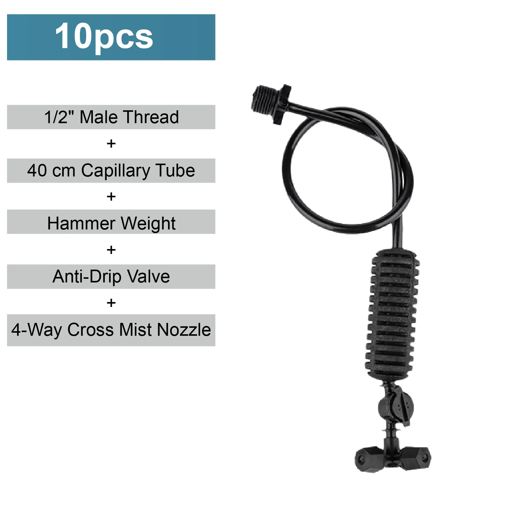 4-way cross mist nozzle kit with anti-drip valve, black capillary tube, single hook