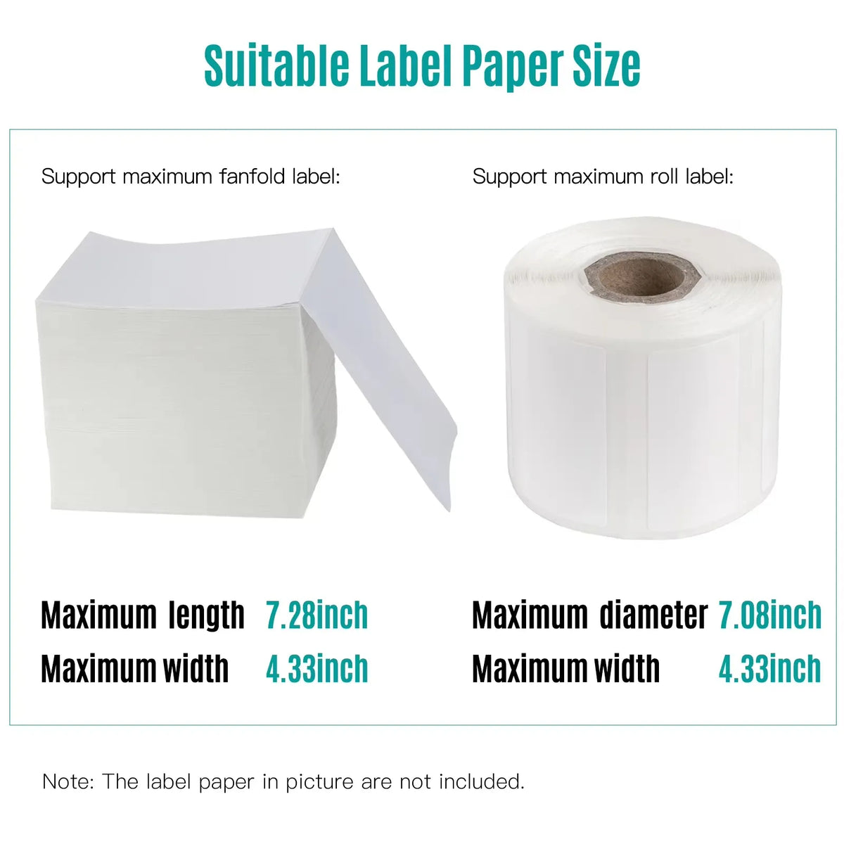 Thermal label paper size chart showing max length and diameter