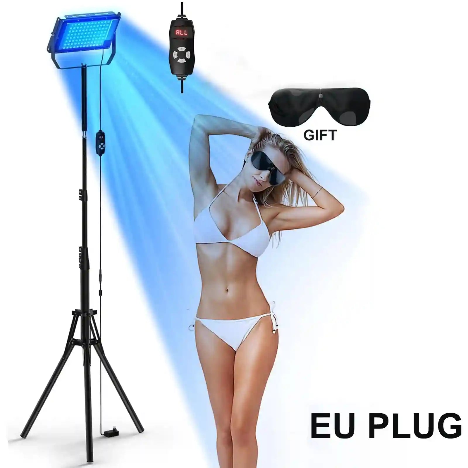 50W blue light tanning lamp on tripod stand with 96 LEDs, controller, and protective goggles for home skin care.