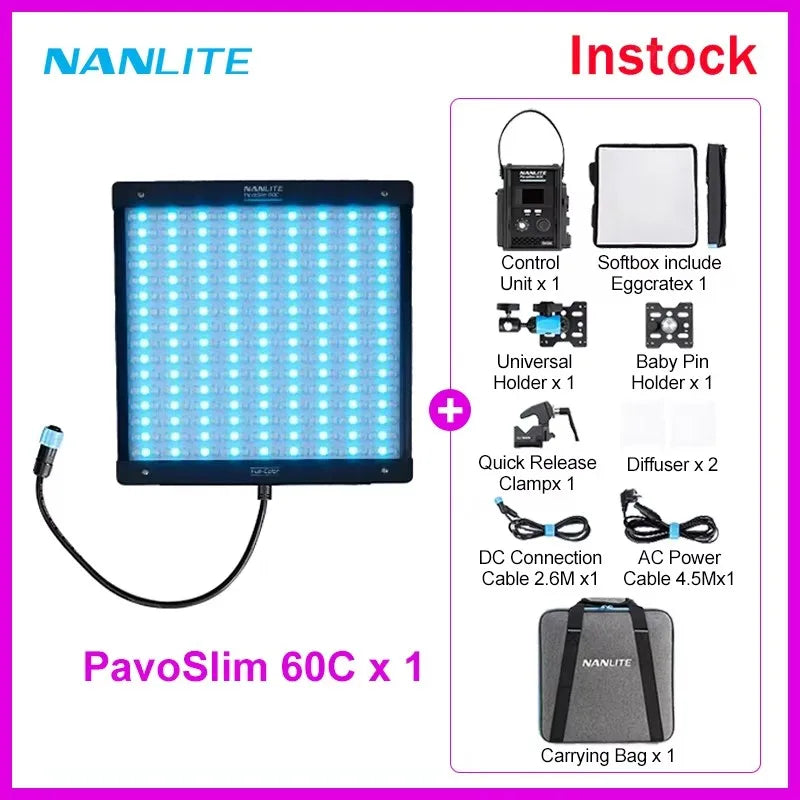 PavoSlim 60C square LED light panel with control unit, softbox, mount, cables, and carrying bag for studio lighting.