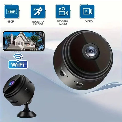 Black security camera with wide lens and table stand, plus a smaller second unit
