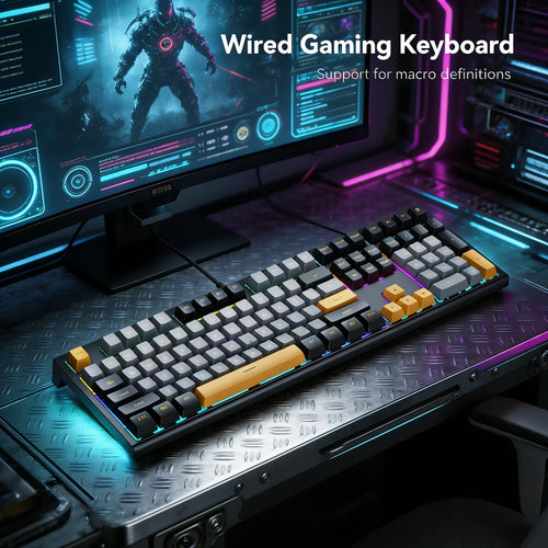 108-key wired mechanical gaming keyboard with black, grey, and yellow keycaps, LED backlighting, and anti-ghosting.