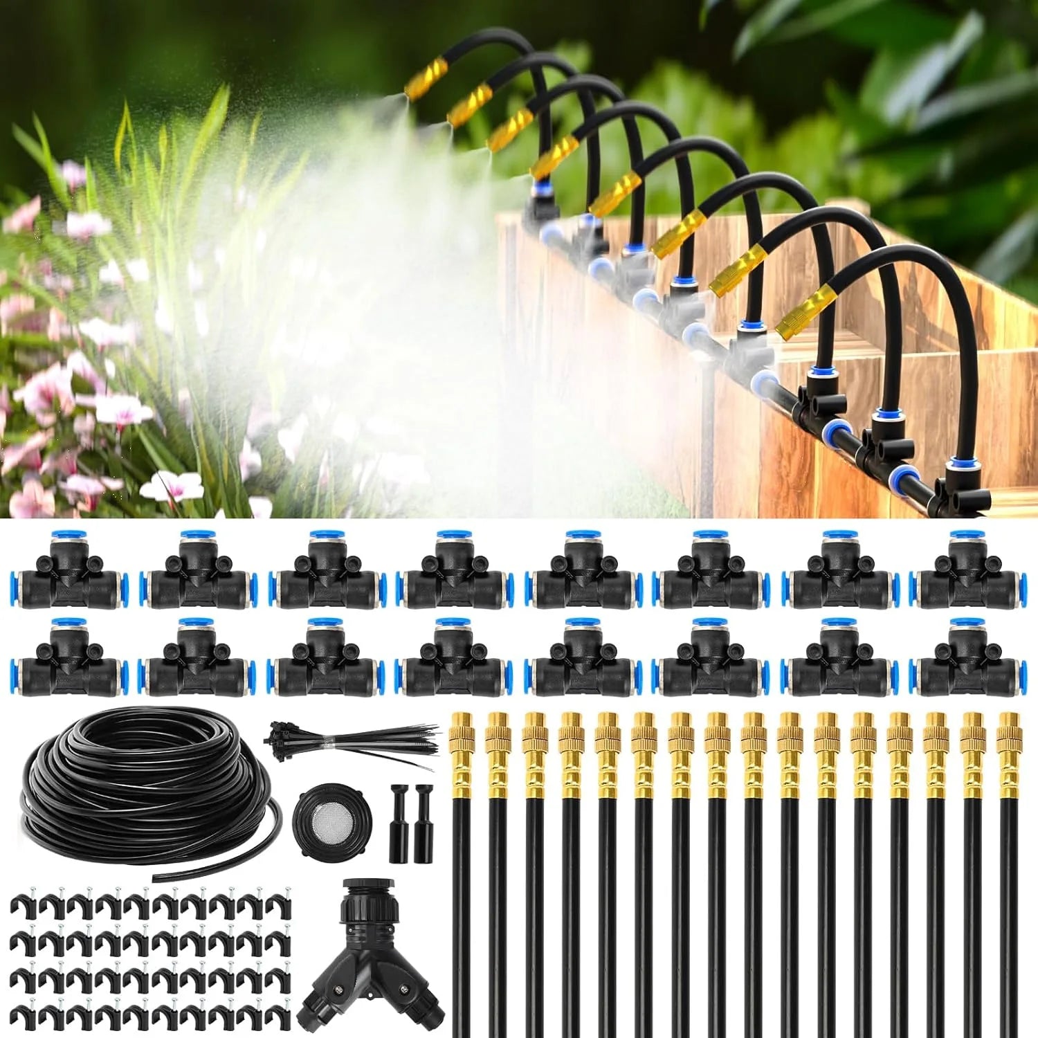 60M DIY Free Bending Universal Sprayer Kit 6mm Hose Patio Misting Cooling System for Garden Plant Fogging Watering Irrigation