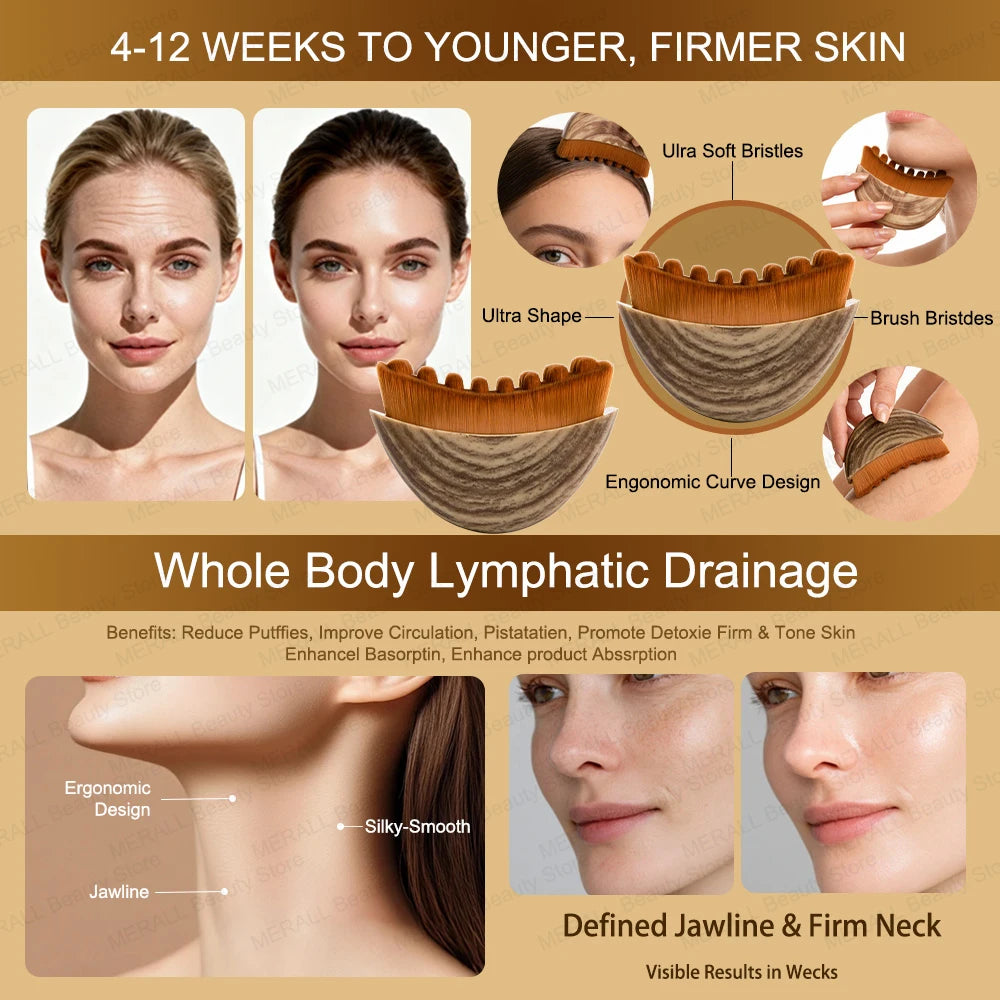 Curved, wood-patterned face and body massage brush with soft brown bristles, shown in use on the face and neck.