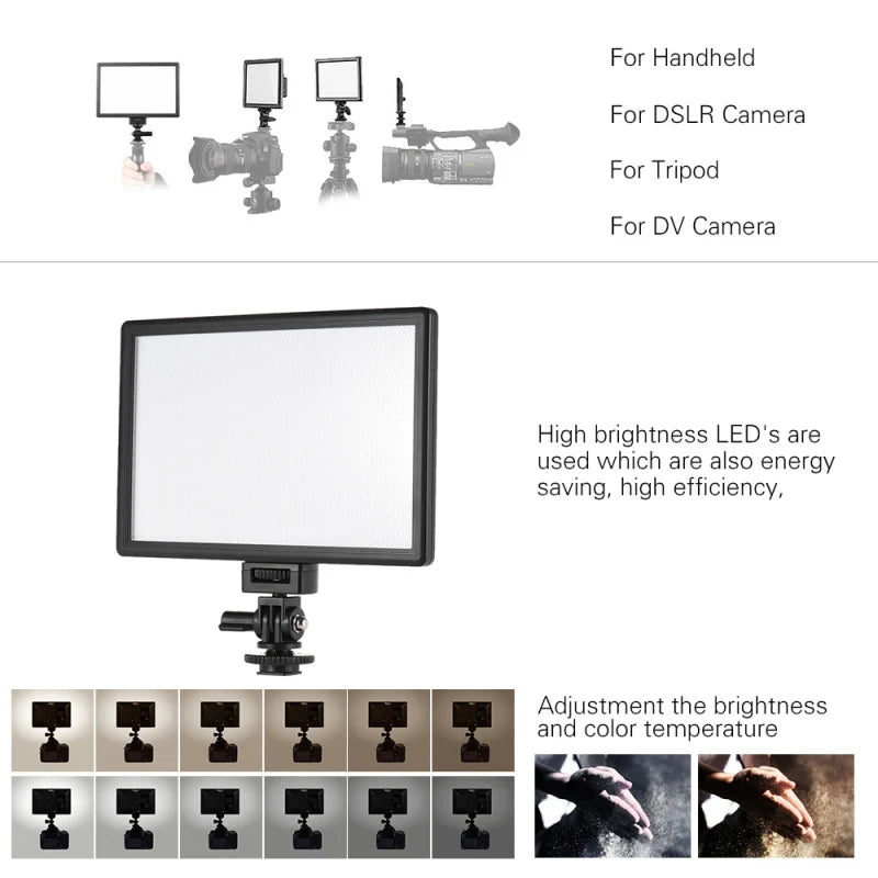 Rectangular black LED video light with adjustable color temperature and brightness, mountable to cameras and tripods.