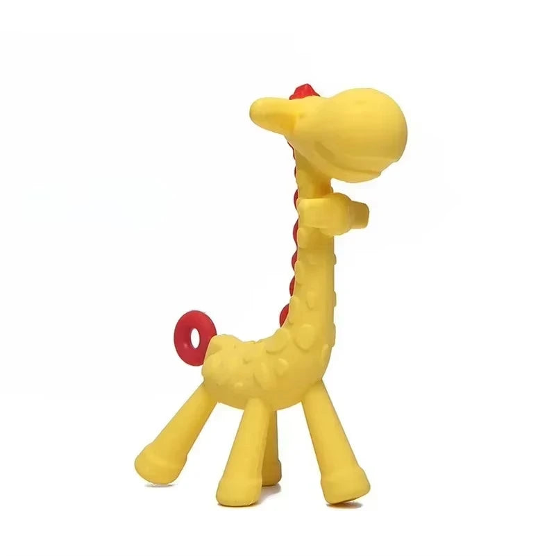 Yellow giraffe silicone teething toy for baby pain relief.