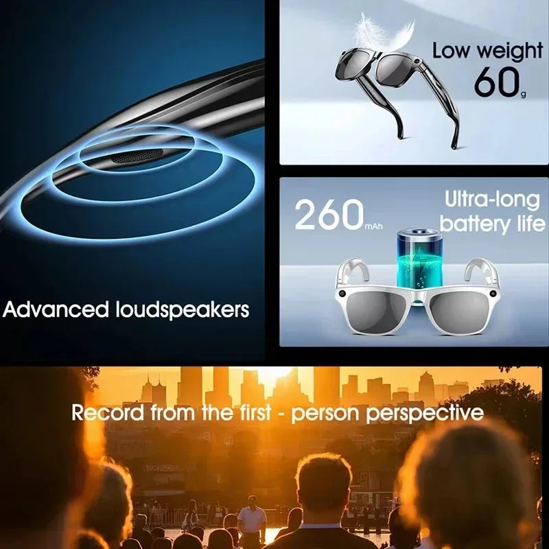 Smart sunglasses with built-in speakers and camera, 60g, 260mAh battery, for first-person POV video recording.