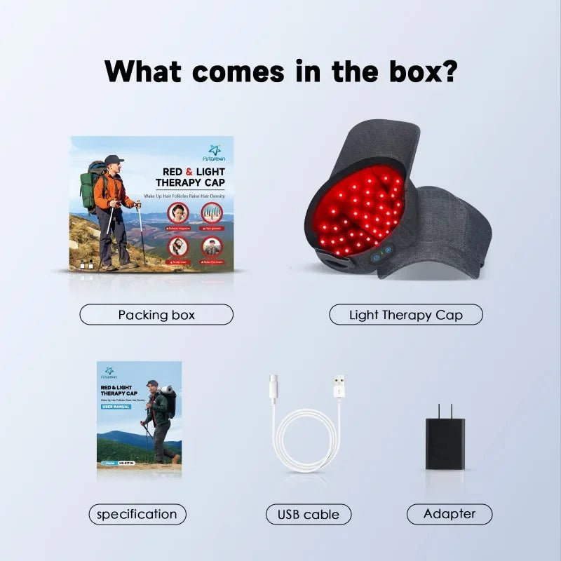 Red light hair growth therapy cap kit with LED device, USB charging cable, adapter, and manual in original packaging.