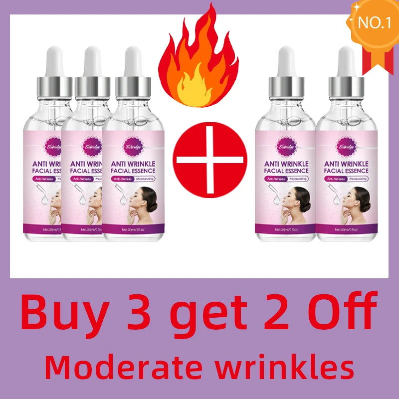 Five clear glass bottles of anti-wrinkle facial essence with dropper caps, labeled "Buy 3 get 2 Off" with a fire icon.