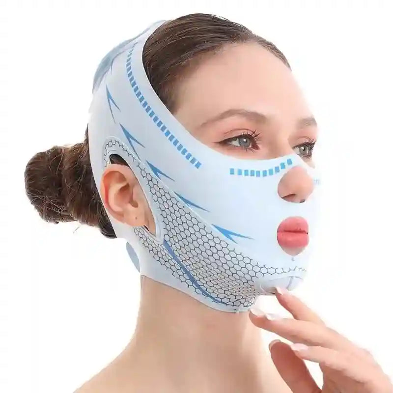 A person wearing a light blue V-line face slimming mask with a geometric, honeycomb-patterned material texture.