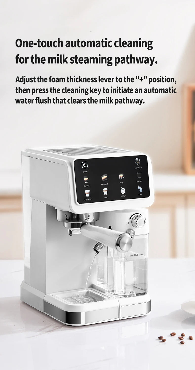 White espresso machine with touch screen, milk frother, and automatic cleaning feature for kitchen countertops.