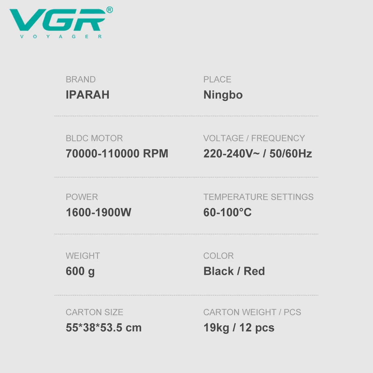VGR V-401 Professional 110,000 RPM BLDC Hair Dryer in black and red with ionic styling technology for salon results.