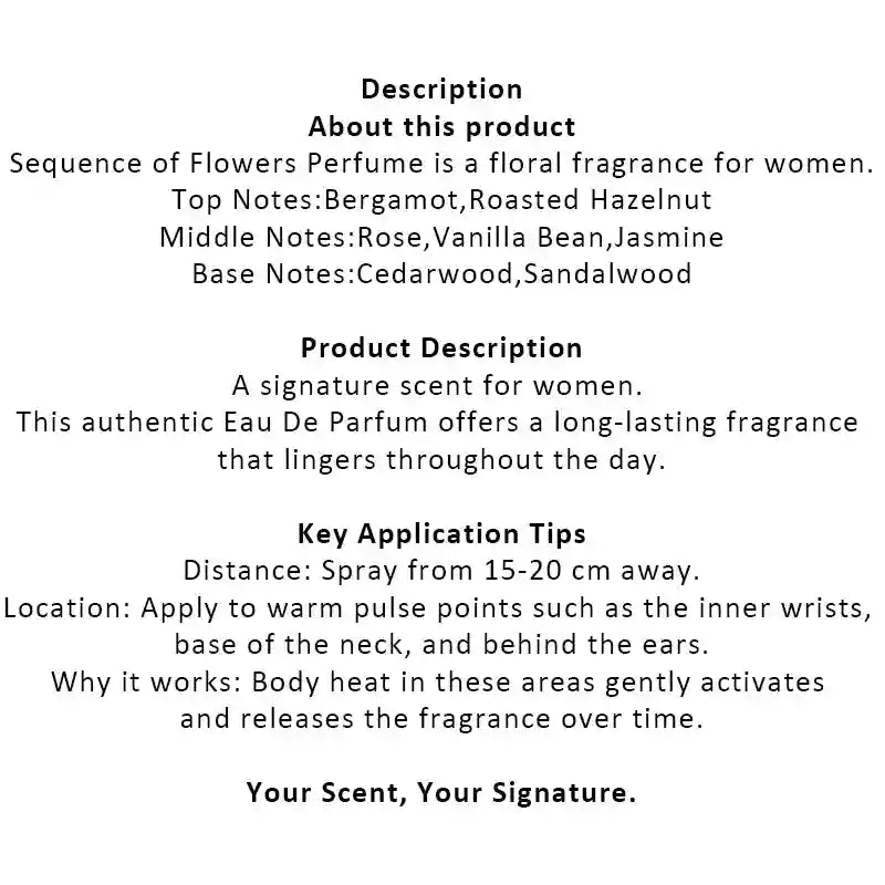 HOPE CHRISTINE Sequence of Flowers EDP: Long-lasting vanilla floral perfume for women with rose, jasmine, and hazelnut.