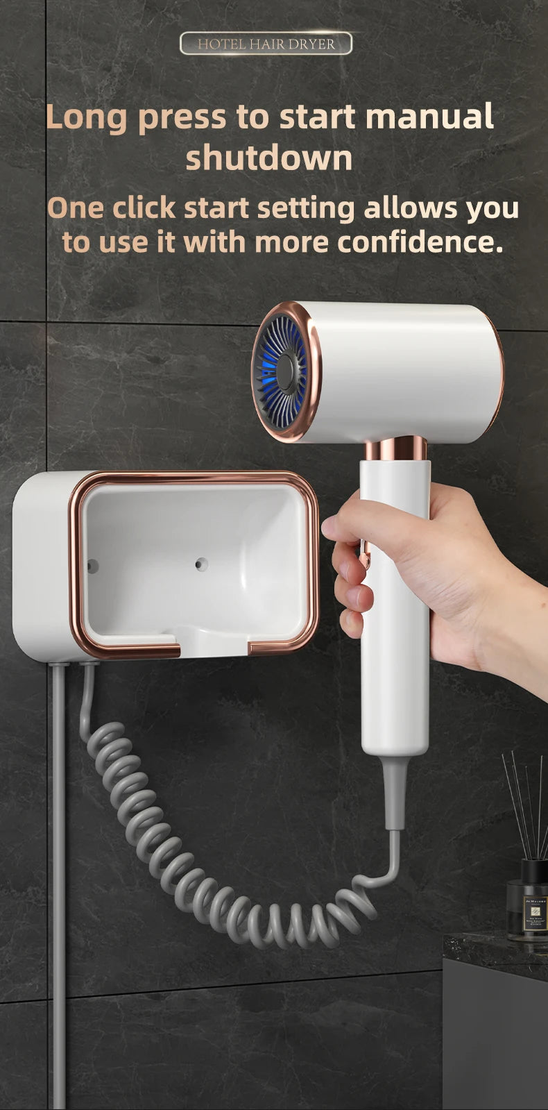White and rose gold wall-mounted hair dryer with blue light technology and convenient coiled cord for home or hotel.