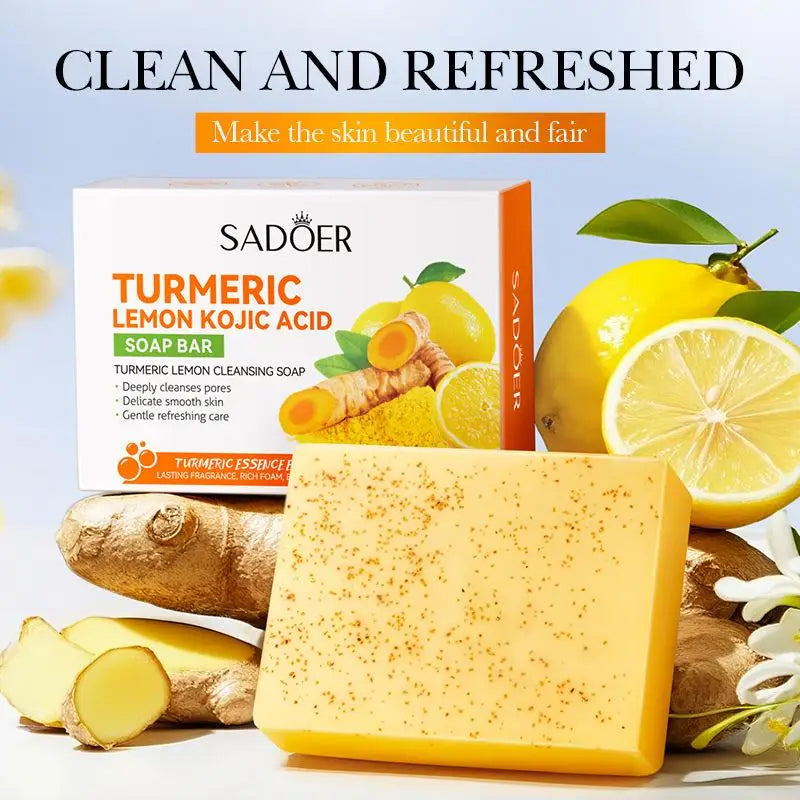 SADOER Lemon Turmeric Brightening Soap Handmade Deeply Cleansing Glowing Body Exfoliating Shower And Face Soap Body Care.