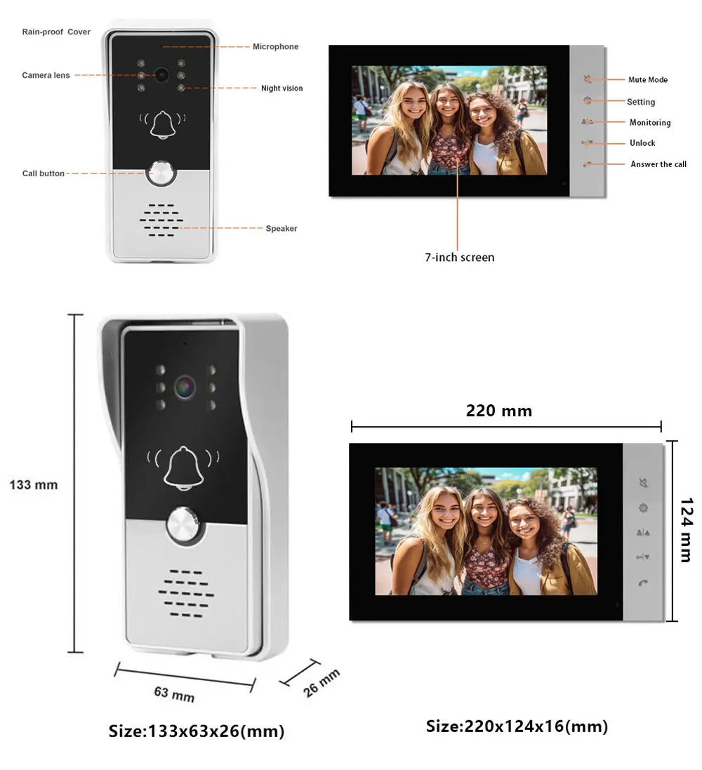 4 Wire 7 Inches Wired Video Doorbell Door Phone Support Unlock, Monitoring, Dual-Way Intercom for Villa Home Office Apartment