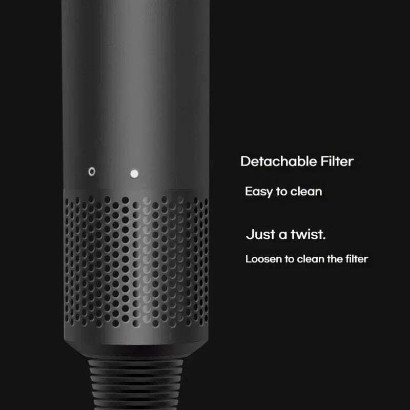 Matte black high-speed hair dryer showing easy-twist detachable filter for maintenance and professional hair care.