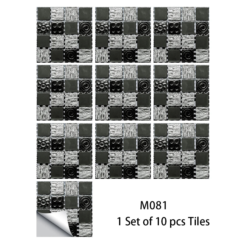 10pcs Flat Mosaic Style Tiles Sticker Kitchen Bathroom Waterproof & Oilproof Art Wall Sticker Peel & Stick Surface Glossy Film
