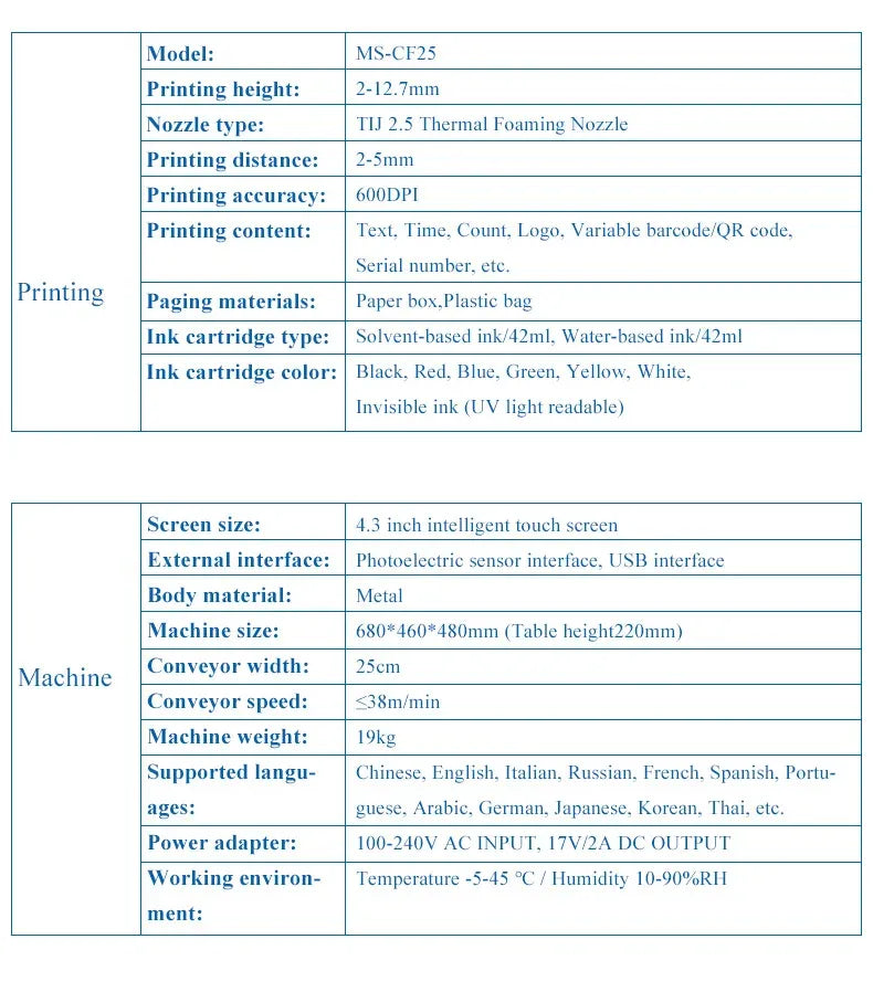 Barcode printer specifications table with printing height, ink, and screen details
