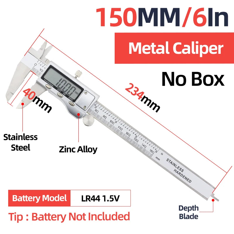 Metal digital caliper with LCD display, zinc alloy body, and stainless steel depth blade