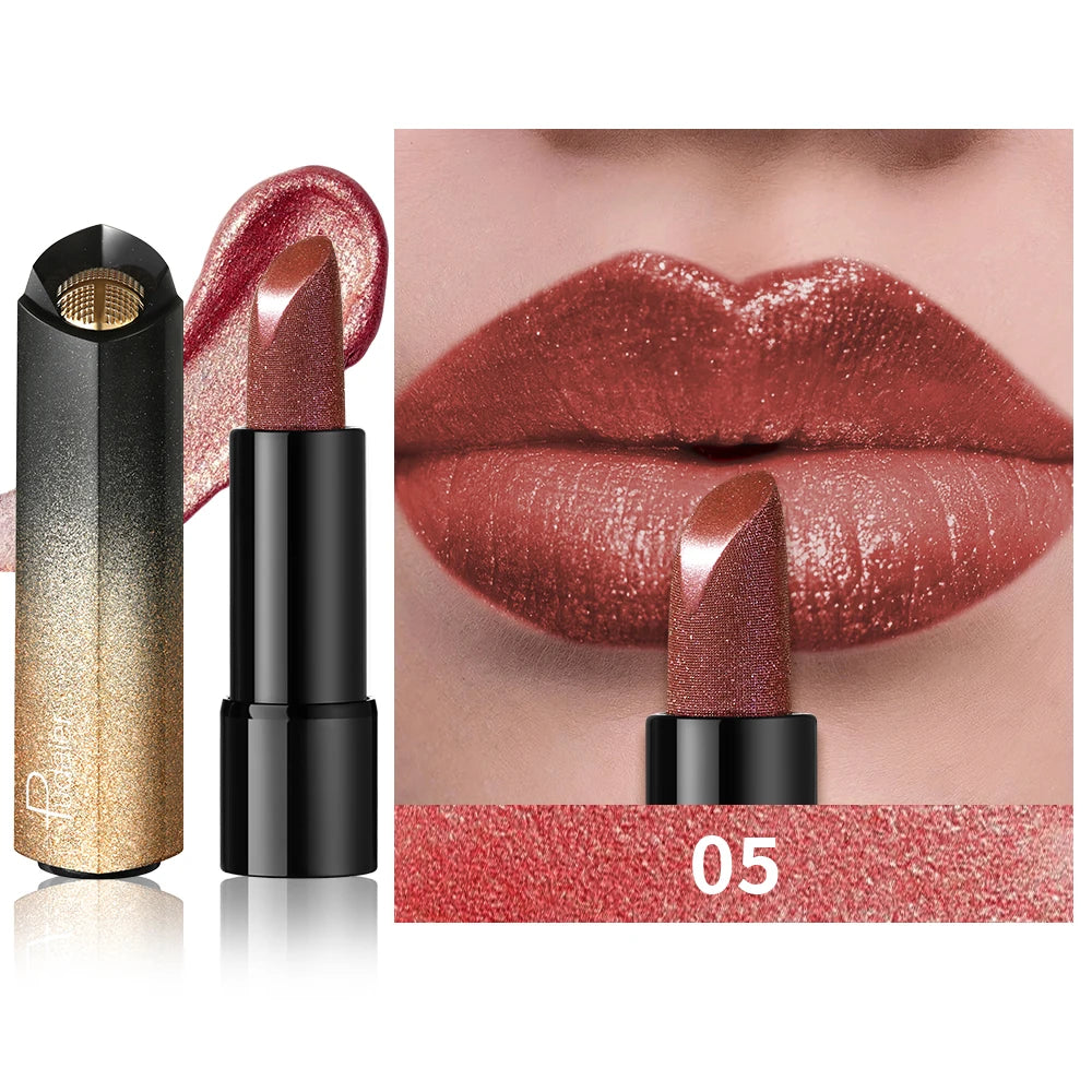 Pearly metallic lipstick in shade 05, featuring a creamy, high-payoff glitter shimmer finish on lips.