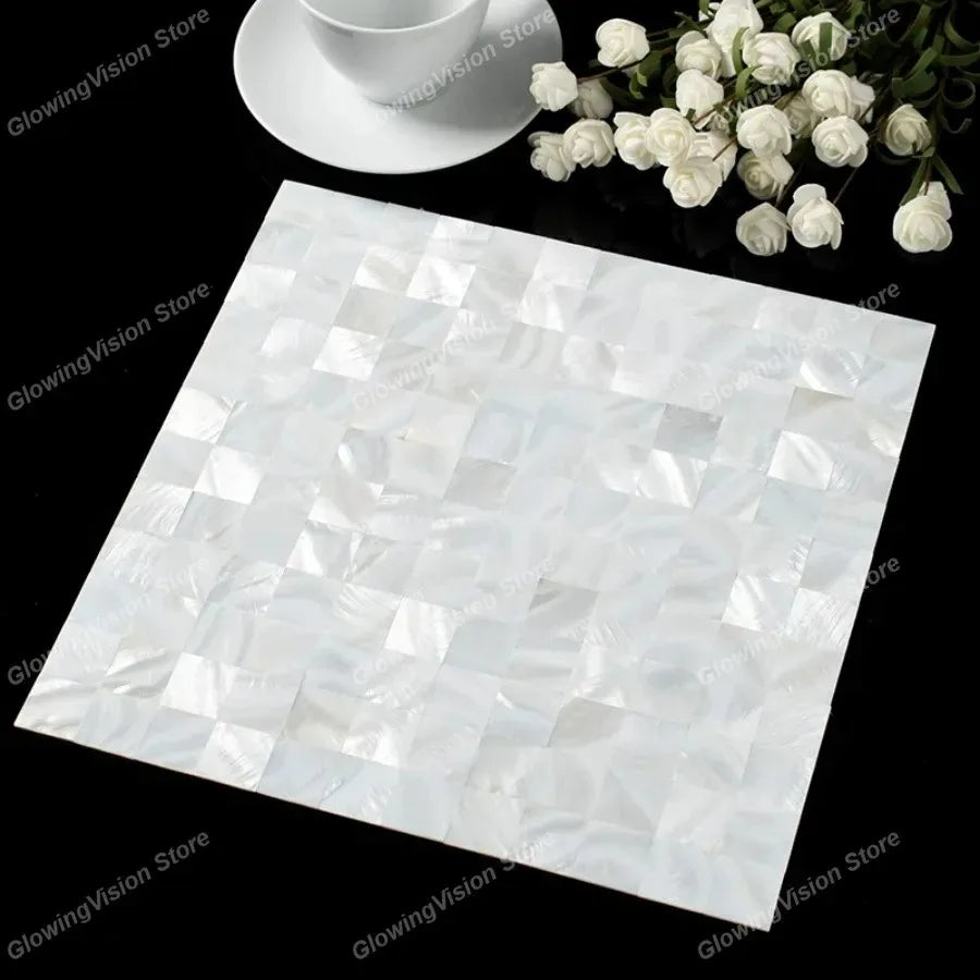 White mother-of-pearl mosaic tile sticker sheet with glossy shell square tiles