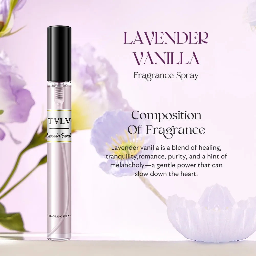 TVLV Lavender Vanilla fragrance spray for women: long-lasting floral perfume in a slim travel-size glass spray bottle.
