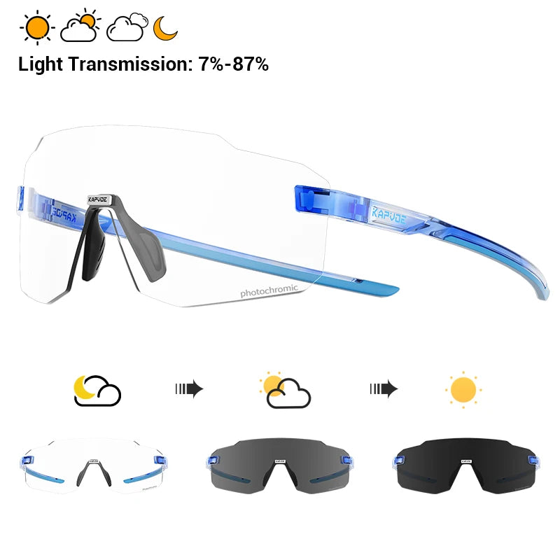 Sport cycling sunglasses with blue photochromic lenses and light blue frame