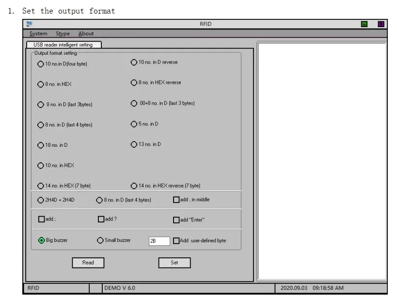 RFID reader configuration software window for setting RFID output format