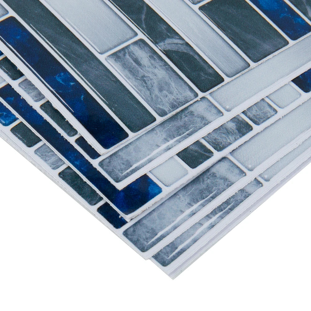 Close-up of blue and gray 3D mosaic tile stickers with raised brick tile edges