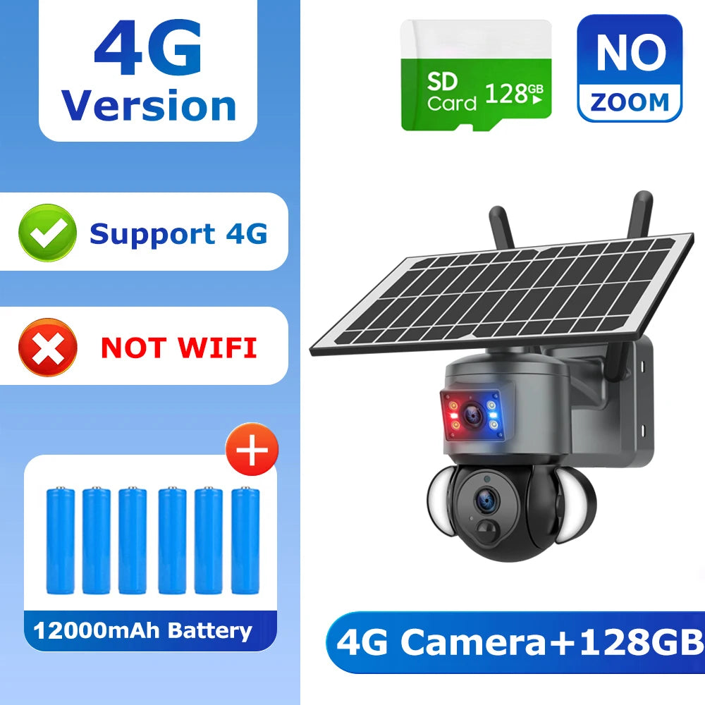 Solar dual-lens PTZ security camera with two antennas, solar panel, and wall-mount arm.