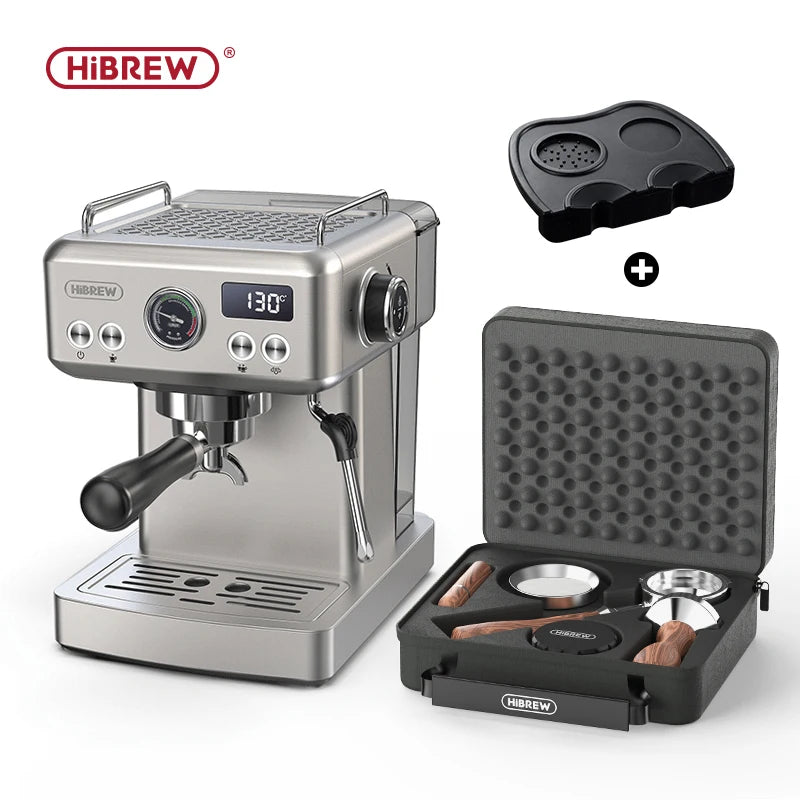 HiBREW stainless steel espresso machine with digital display, pressure gauge, and professional barista accessory kit.