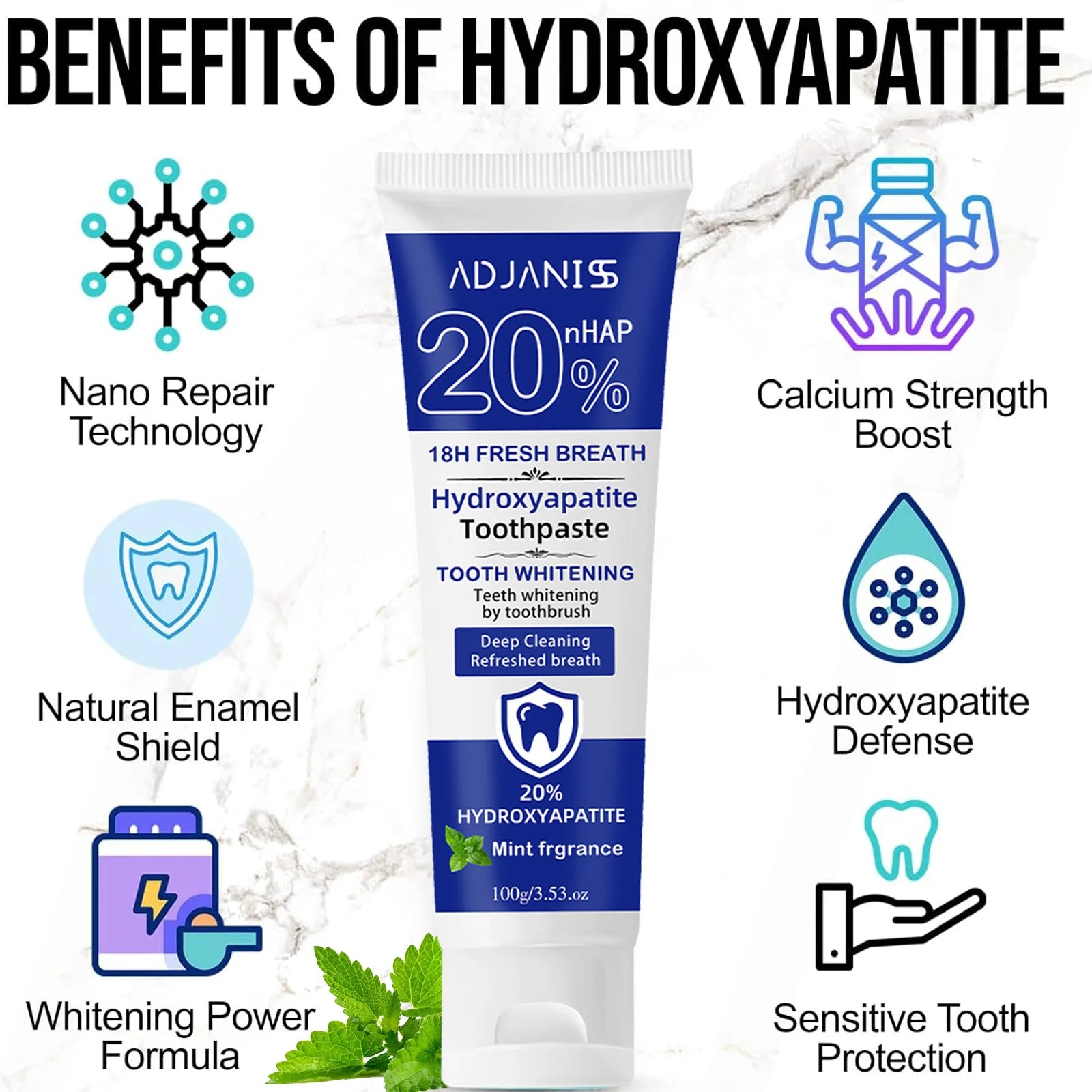 Tidesmit 20% Hydroxyapatite toothpaste for deep whitening, gum health, and plaque removal