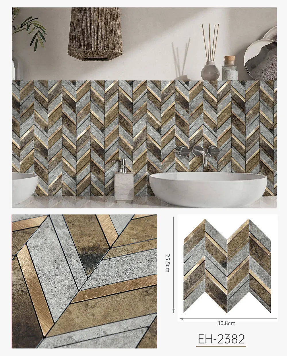 Herringbone Peel and Stick Backsplash, Faux Stone PVC Self Adhesive Marble Tiles for Kitchen Bathroom