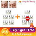 Ten small, round frosted glass jars of anti-aging facial cream with silver lids, displayed as a buy-five-get-five offer.