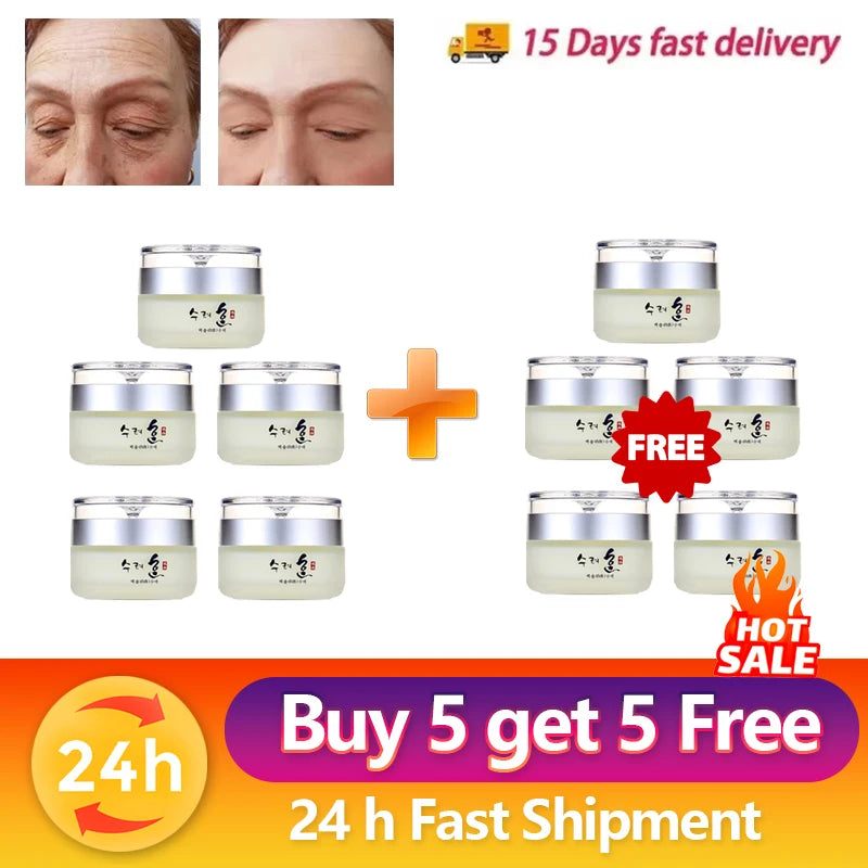 Ten small, round frosted glass jars of anti-aging facial cream with silver lids, displayed as a buy-five-get-five offer.