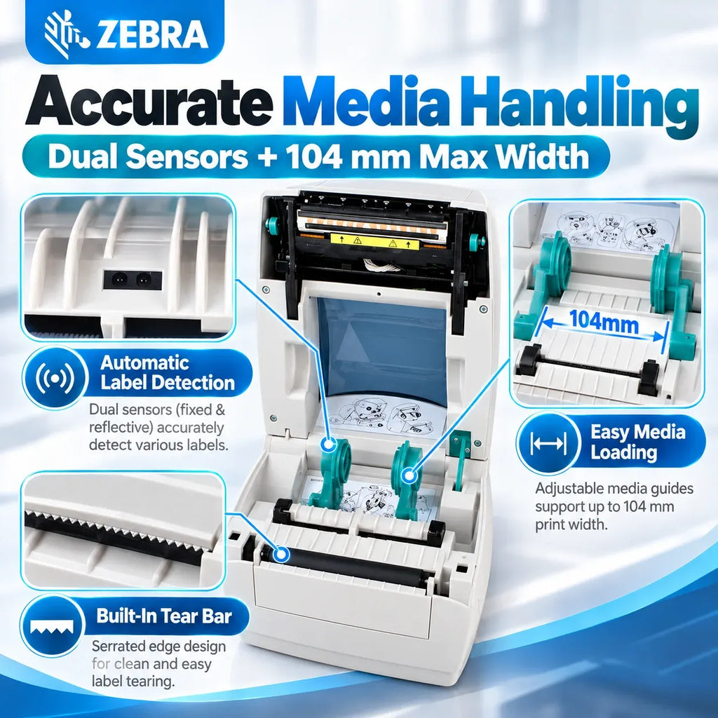 Desktop label printer with open media bay and dual sensors for label loading