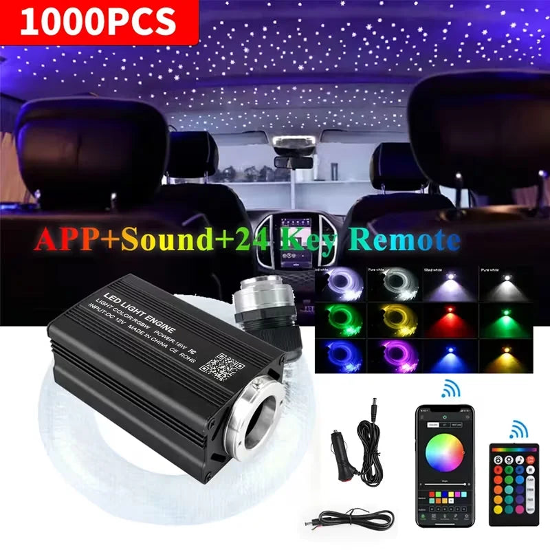 Car Home Use APP Control Fiber Optic Light Kit, 16W RGBW Music Mode Star Ceiling Sky Light with 500/1000 Strands 6.5ft/ 2m Optical Fiber Cable, and More Than 10 Million Colors