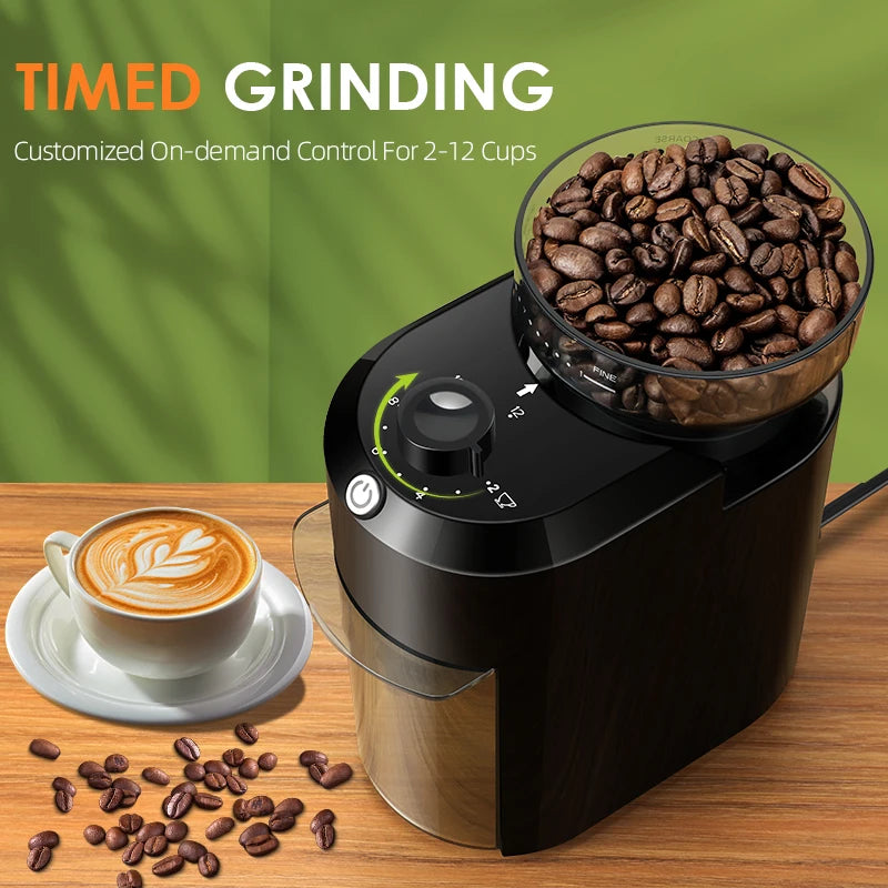 Black electric coffee grinder with clear bean hopper, timed cup control (2-12 cups), and matte finish.