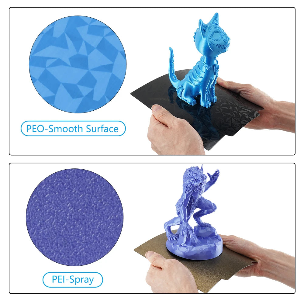 235x235 magnetic PEI/PEO spring steel build plate for Ender 3 3D printers, showing smooth and textured print surfaces.