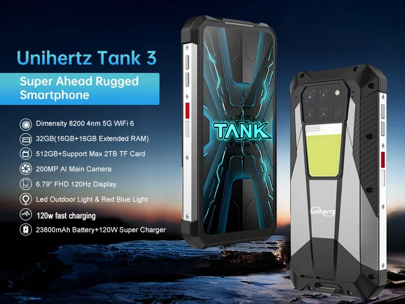 Unihertz 8849 Tank 3 by Smartphone 5G 32GB+512GB  200MP 120Hz 23800mAh 120W Charger Cell Phone Dimensity 8200 Mobile Phone - Tidesmit