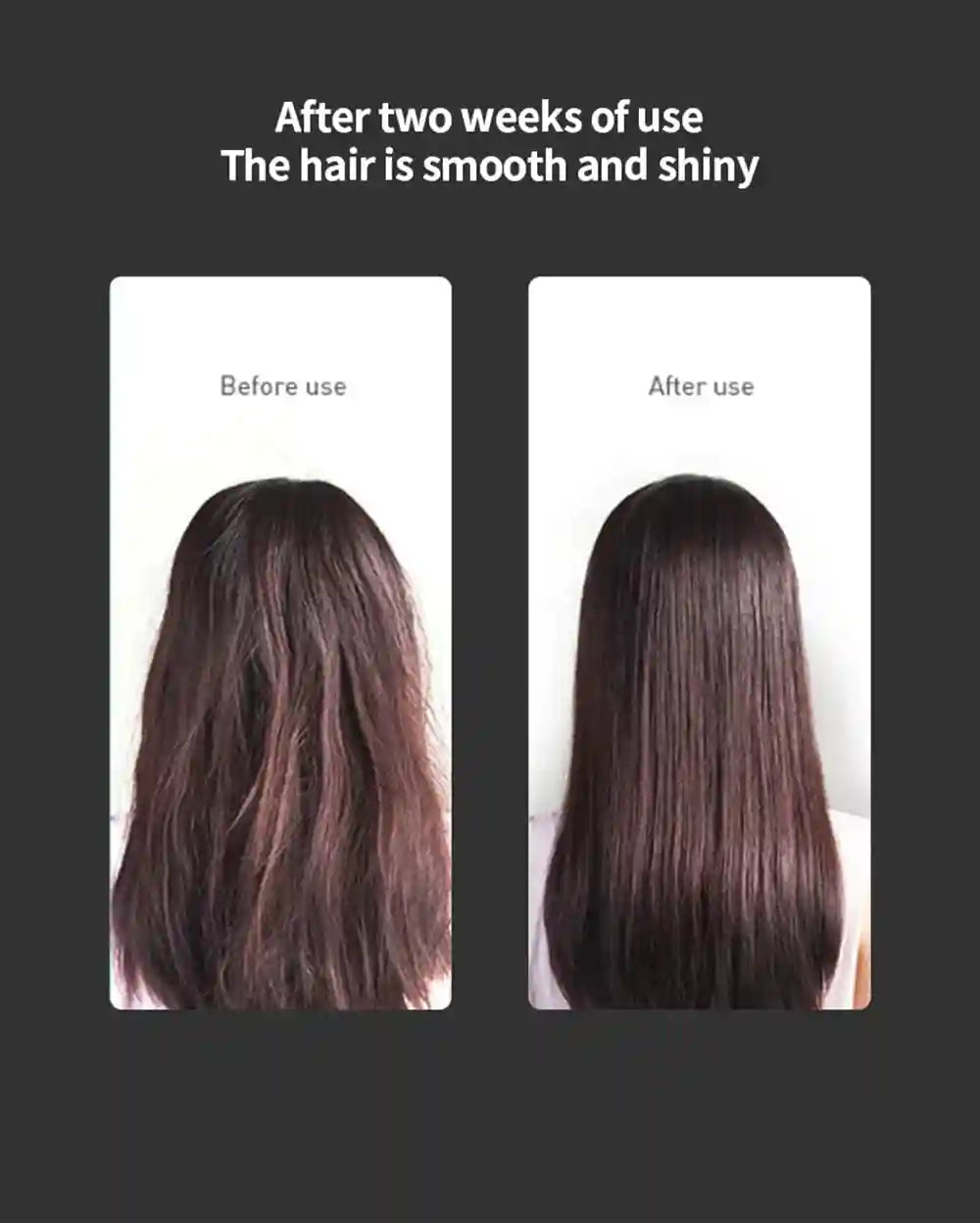 Before and after results showing smooth, shiny hair using our 1800W professional high-speed negative ion hair dryer.