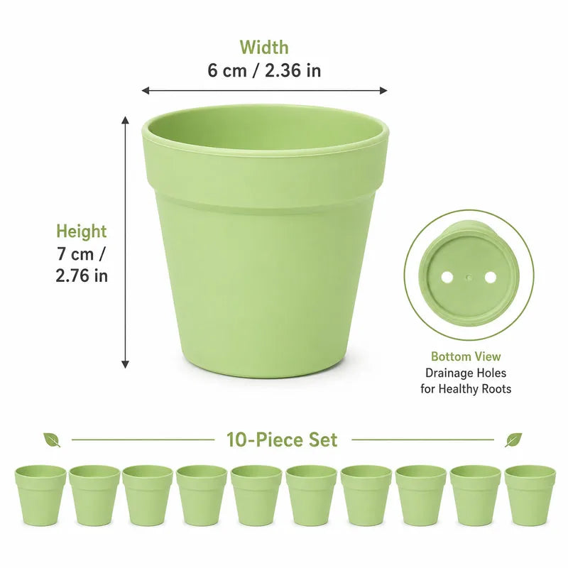 Light green mini round plastic flower pot set of 10 with drainage holes at the bottom.