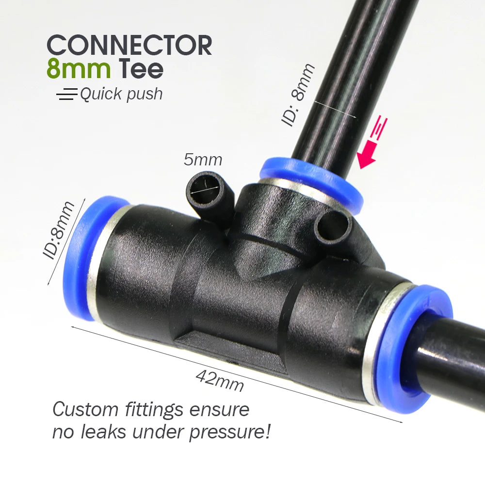 8mm black PE hose tee connector with blue sealing rings and push-fit connection