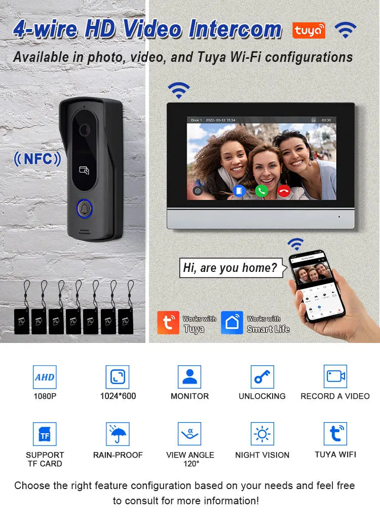 Tuya Wifi 7inch 4 Wires Video Doorbell HD Monitor RFID Metal IR Camera Visual Intercom Two-way Audio APP Unlock Video Door Phone